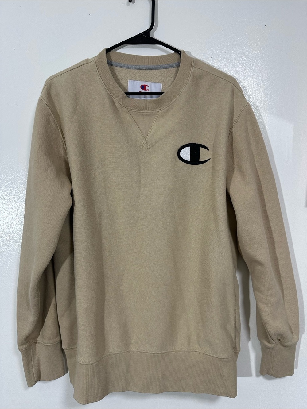 Champion Men’s Crewneck Sweatshirt in Tan with Black Logo